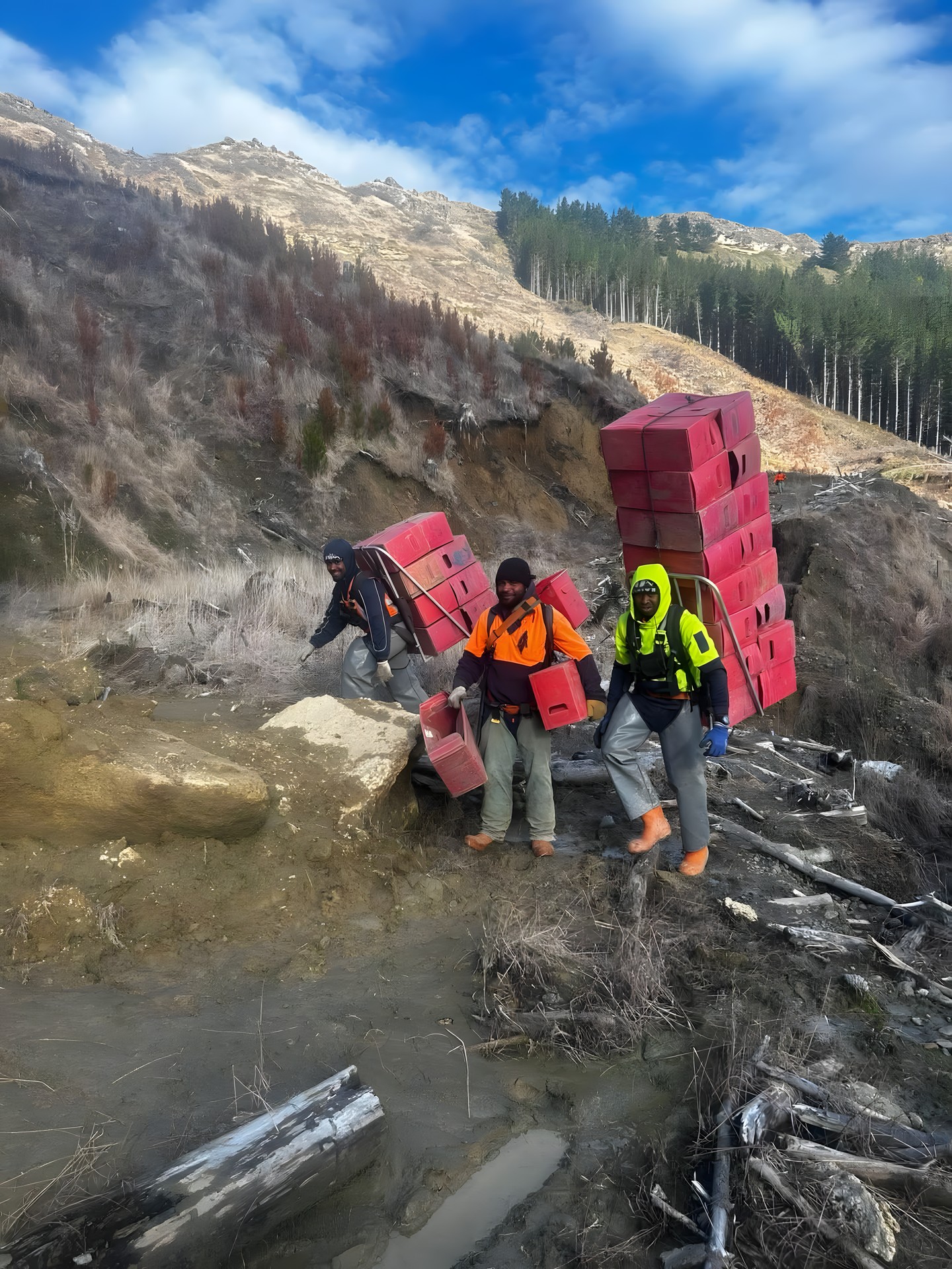 Carrying seedling boxes up a steep slope