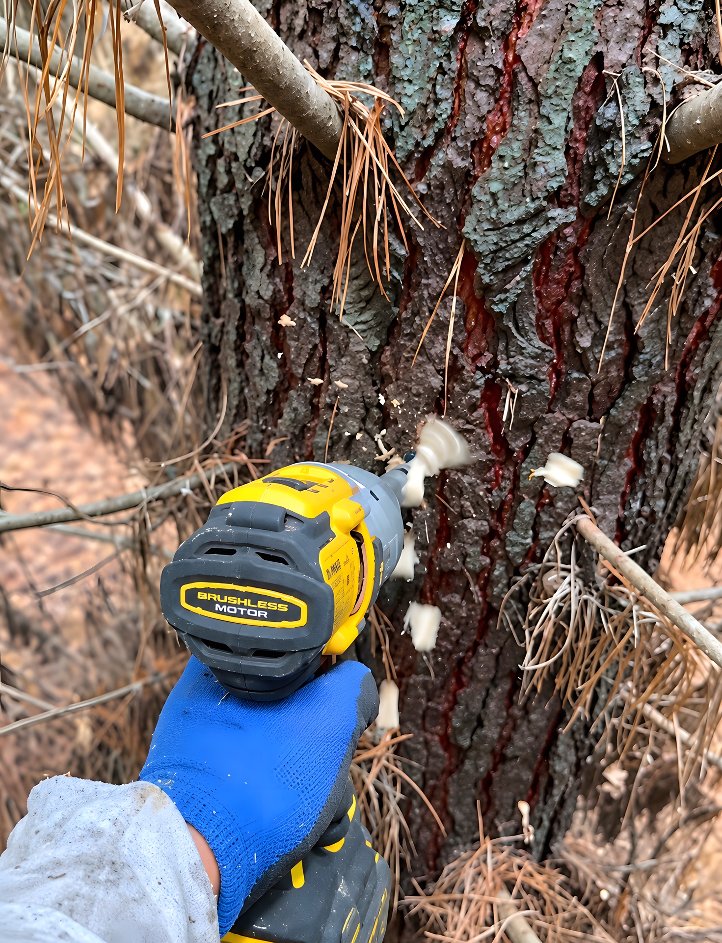 Drilling a pine stem for chemical thinning