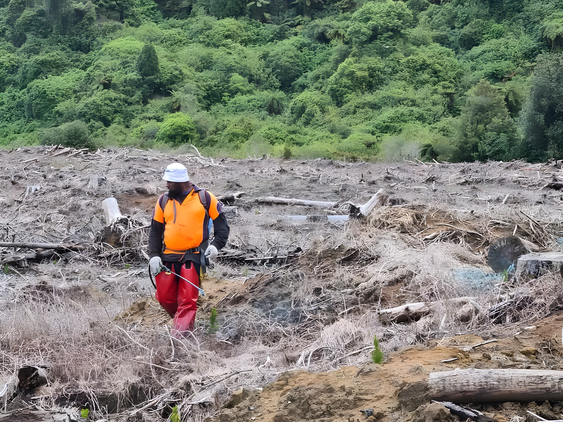 FM Silvi crew member spot spraying on a cut-over block